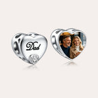 Custom Photo Heart Charm Bead with Script “Dad” & CZ Heart Accent – Personalized Picture European Bead Gift for Dad