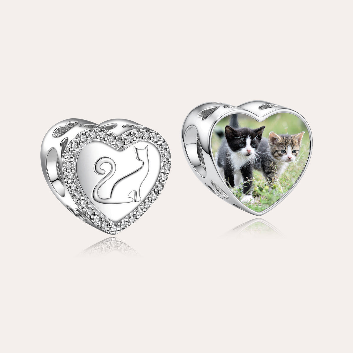 Personalized Photo Heart Charm Bead with Cat Silhouette & Pavé CZ Border – European Bead Gift for Cat Lover