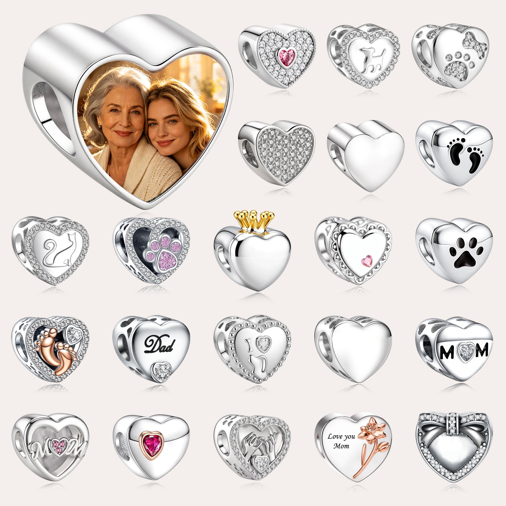 Custom Photo Heart Charm Bead for Bracelets – Multiple Designs, European Bead Fit Gift for Her