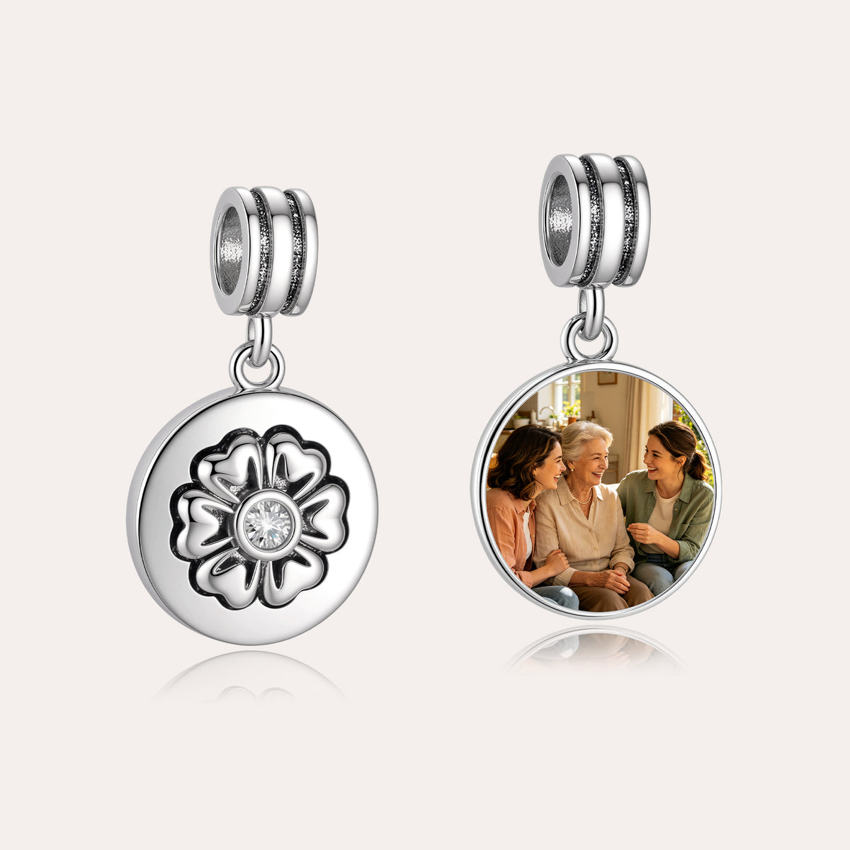 Custom Photo Flower Motif Dangle Charm Bead with CZ Center – Personalized Picture European Bead Gift for Her