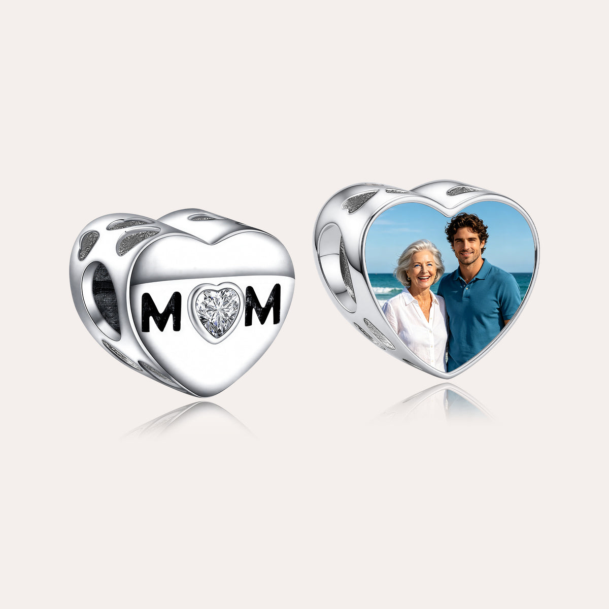 Personalized Photo Heart Charm Bead with MOM Lettering & Heart-Cut CZ – Mother’s Day European Bead Gift for Mom