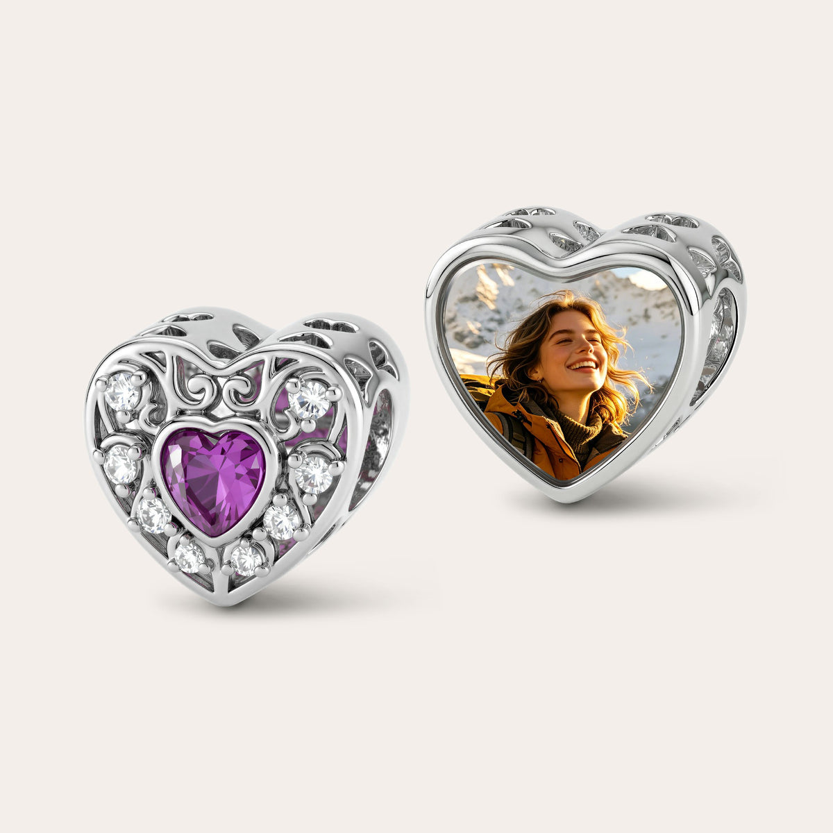 Custom Photo Heart Charm – Purple Heart CZ Openwork Bead
