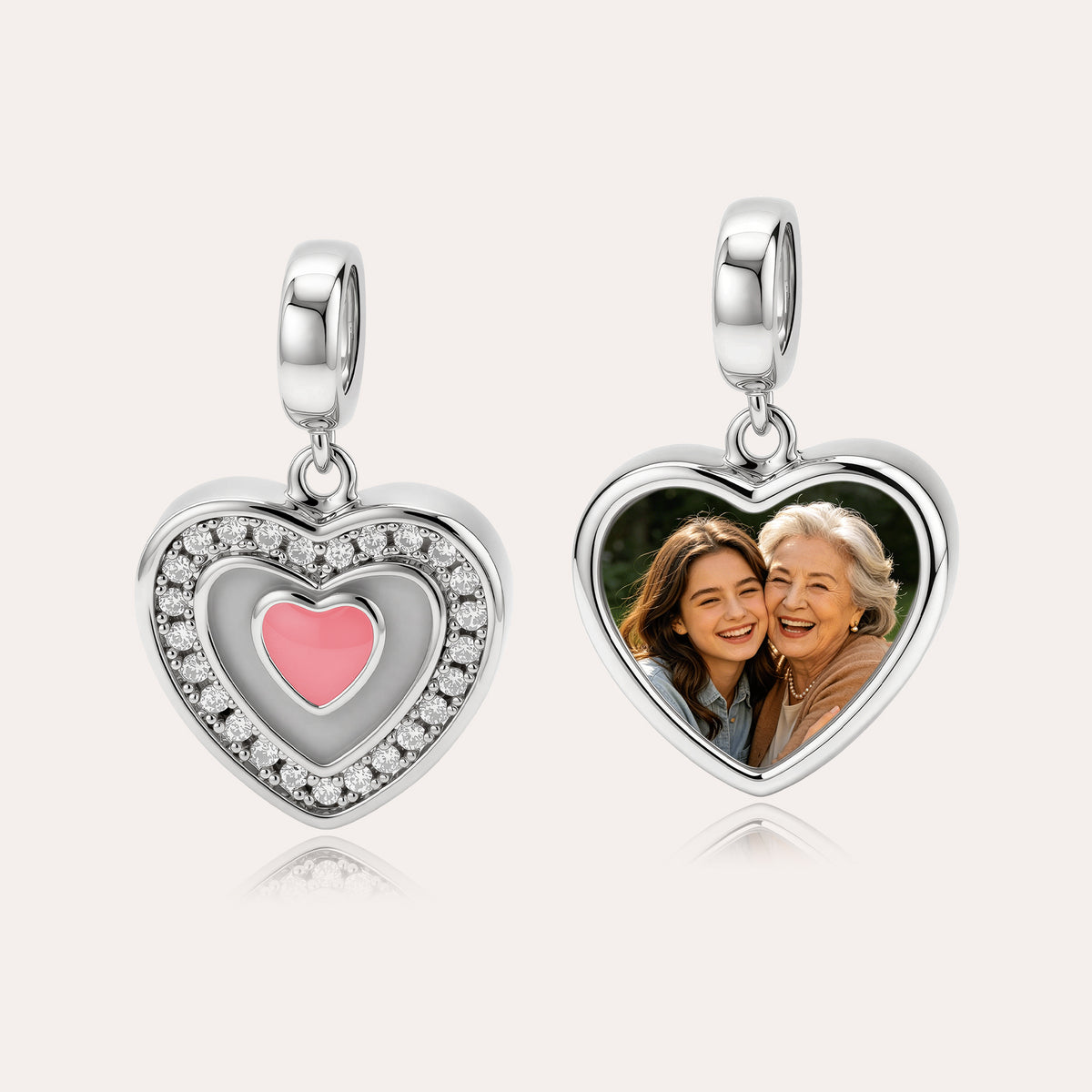 Custom Photo Heart Dangle Charm Bead with CZ Halo & Pink Heart – Personalized Picture European Bead Gift for Her