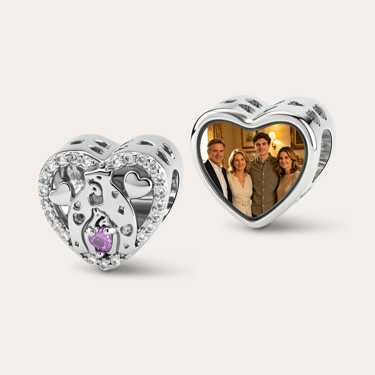 Custom Photo Heart Charm – Bear Hug Purple Heart CZ Bead