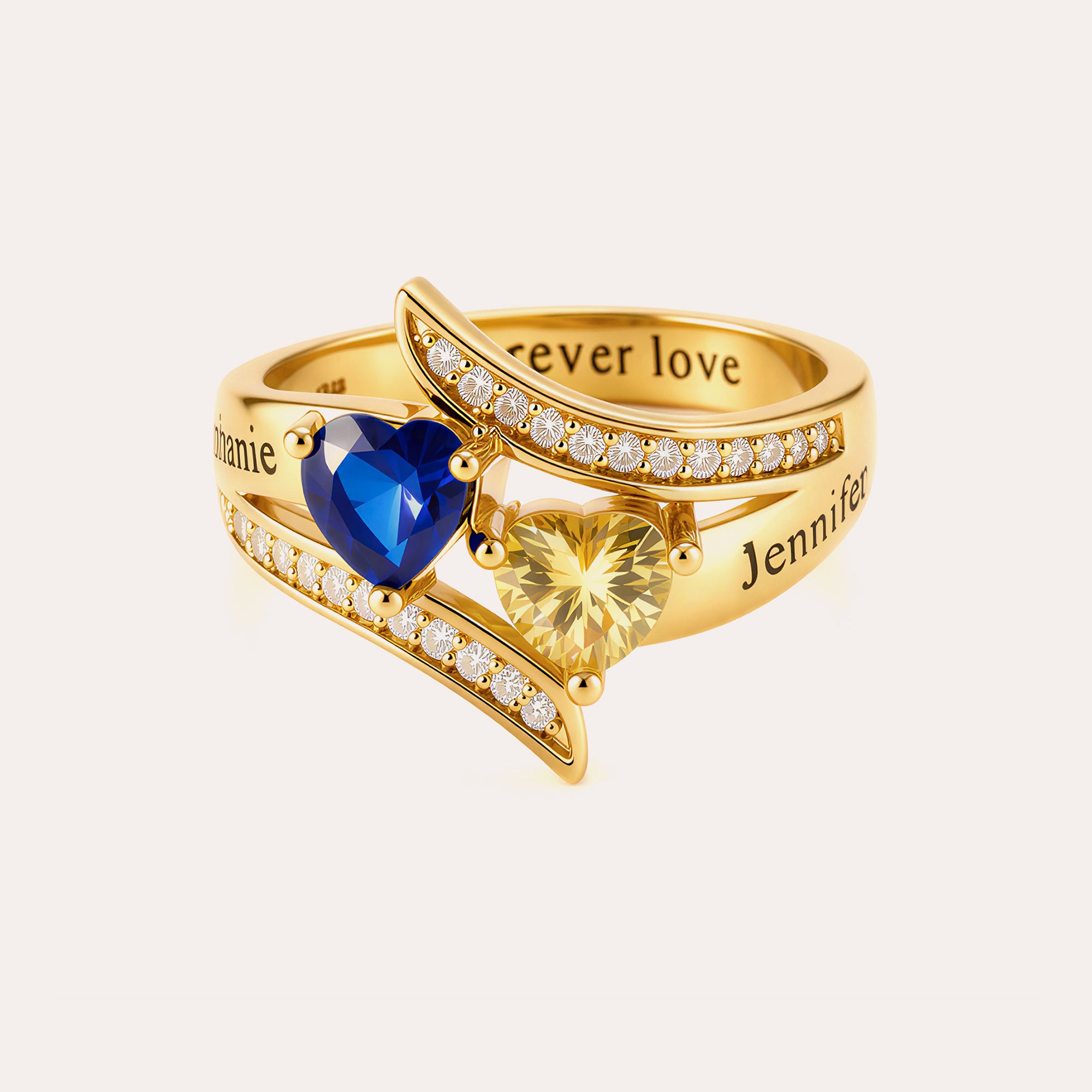 Personalized Birthstone Heart Name Ring for Women – 2 Custom CZ Stones Crossover Band Forever Love Jewelry Anniversary Gift for Her