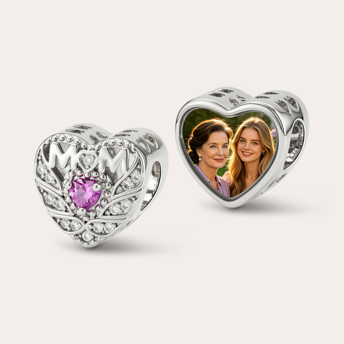 Custom Photo Heart Charm – Mom Heart CZ Filigree Bead