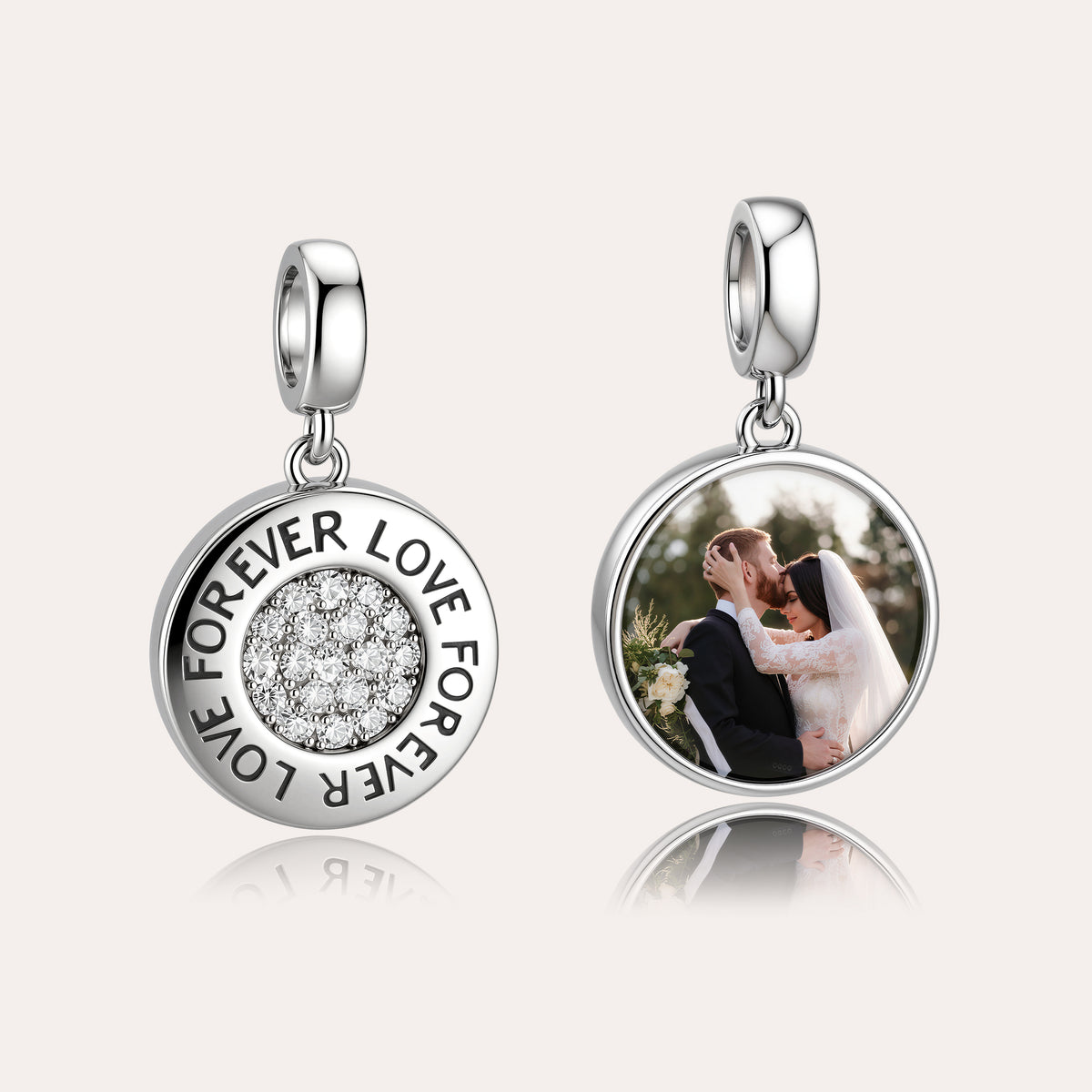 Custom Photo Love Forever Dangle Charm Bead with Pavé CZ – Personalized Picture European Bead Gift for Her
