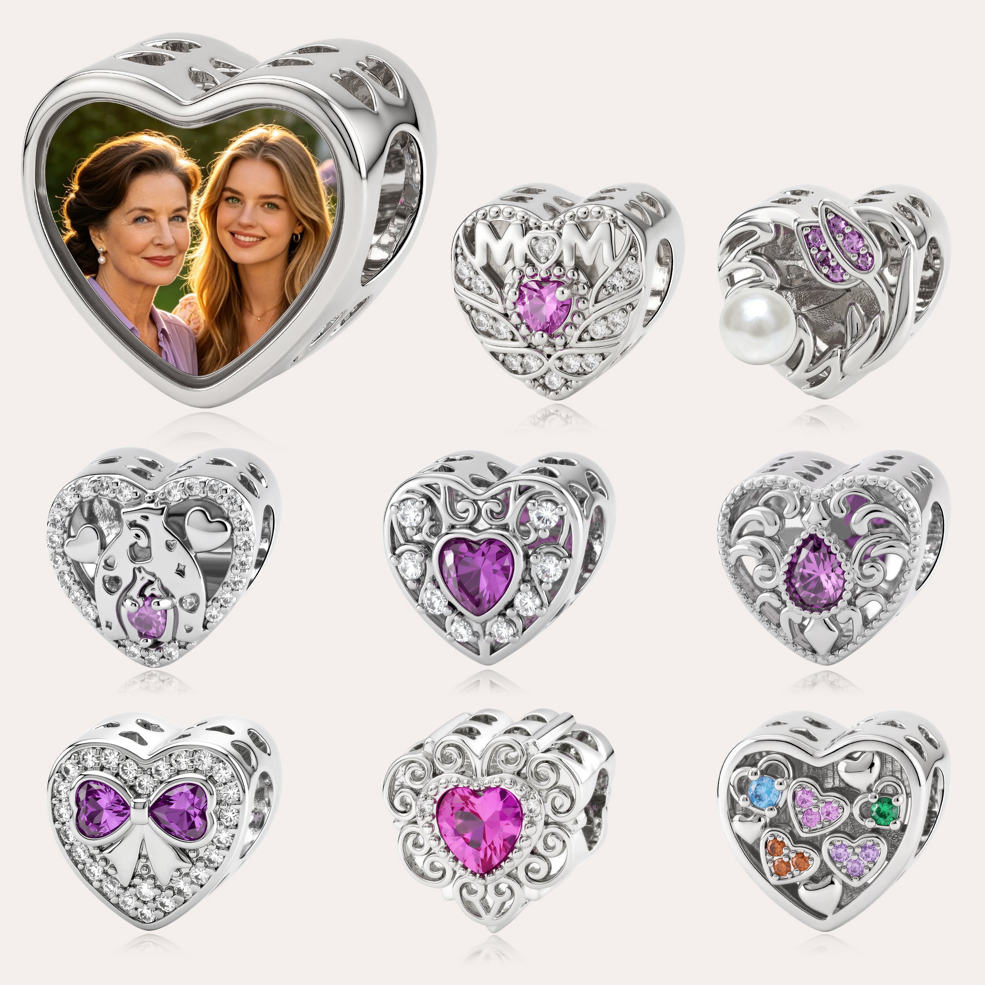 Custom Photo Heart Charm Bead for Bracelets – Multiple Fixed Designs European Bead Gift for Her