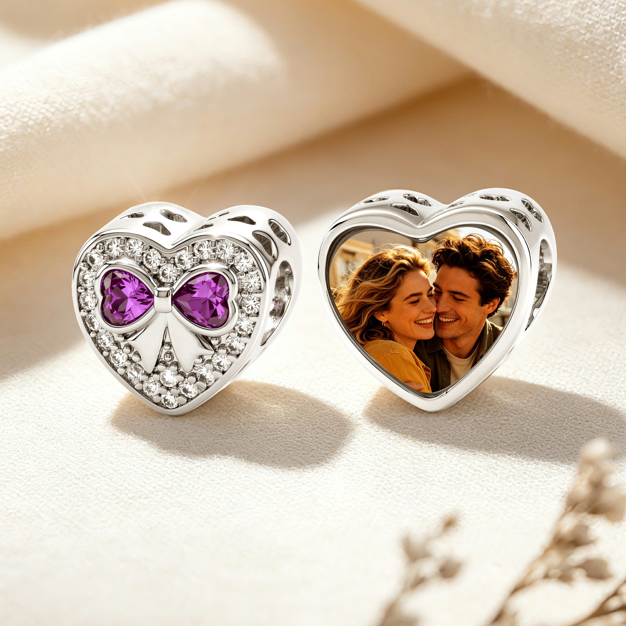 Custom Photo Heart Charm – Purple Bow CZ Pavé Heart Bead
