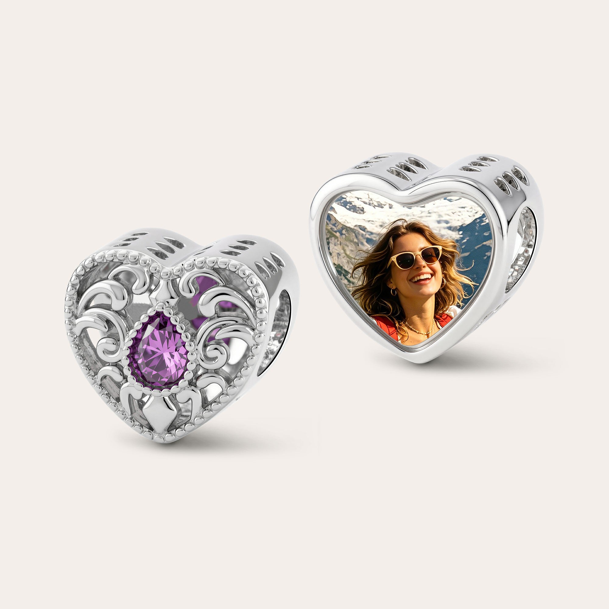 Custom Photo Heart Charm – Purple Teardrop CZ Openwork Bead