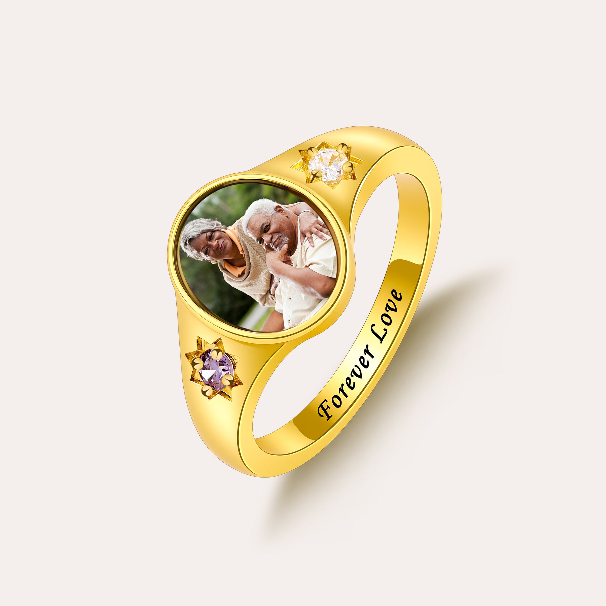Personalized Photo Birthstone Ring for Women – Custom Picture Star Prong CZ Anniversary Gift for Her