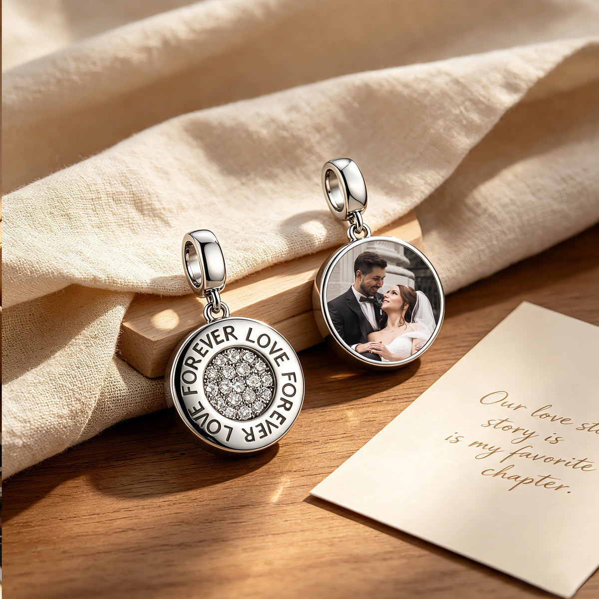 Custom Photo Love Forever Dangle Charm Bead with Pavé CZ – Personalized Picture European Bead Gift for Her