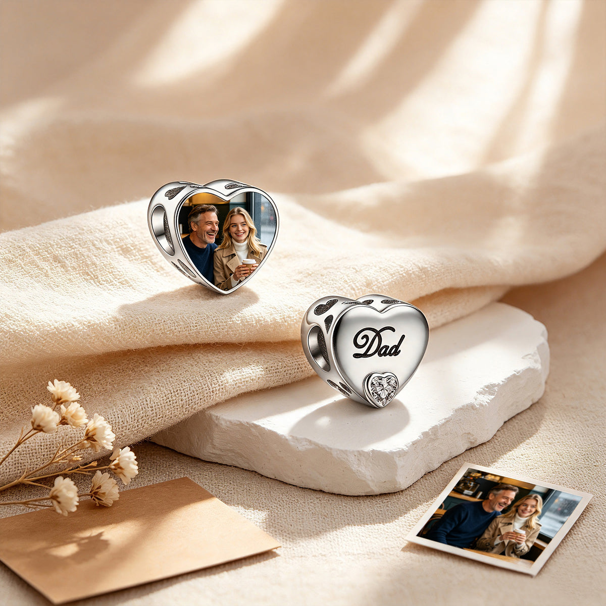 Custom Photo Heart Charm Bead with Script “Dad” & CZ Heart Accent – Personalized Picture European Bead Gift for Dad