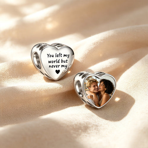 Custom Photo & Engraved Text Heart Charm Bead – Personalized Memory Charm for Bracelet, Gift for Her