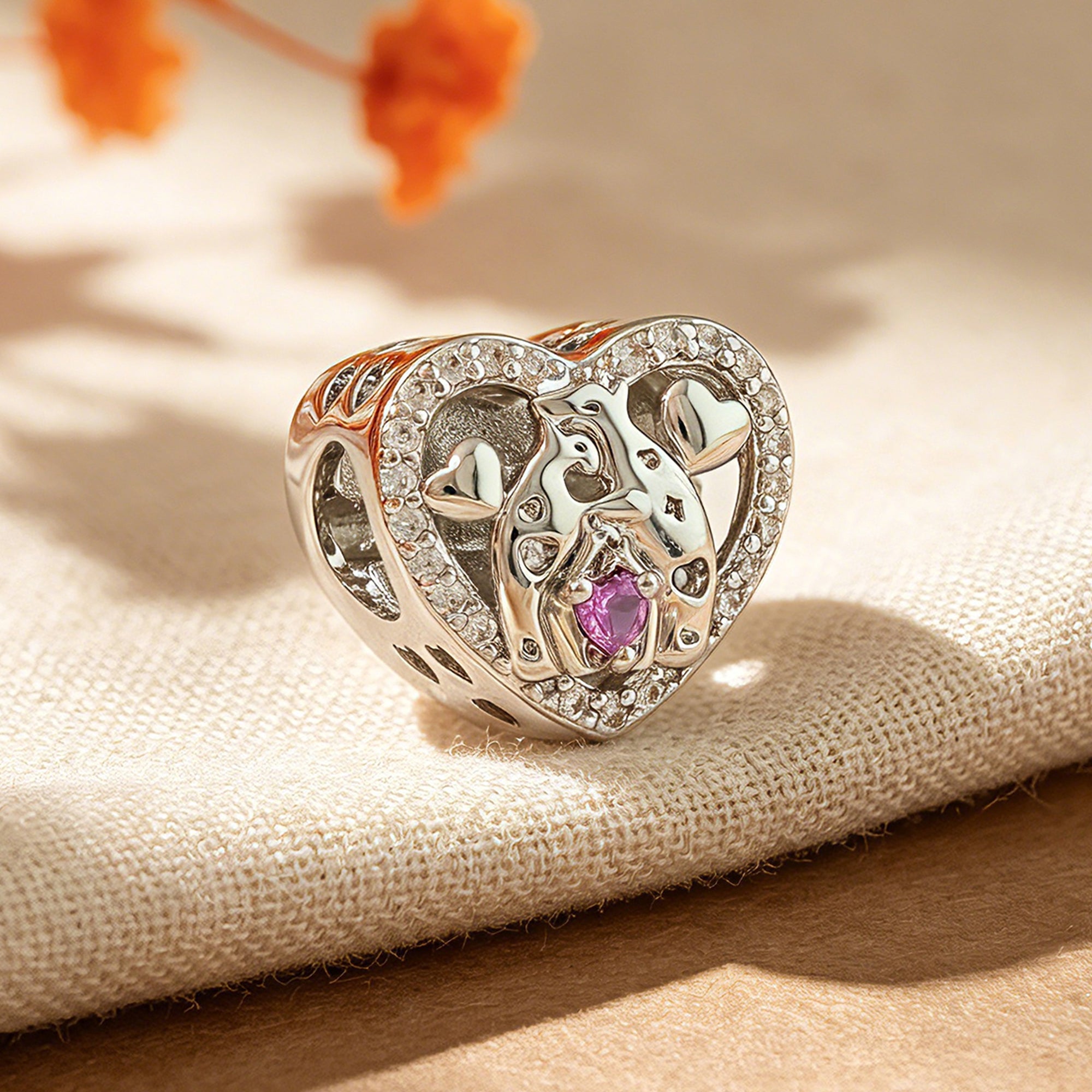 Custom Photo Heart Charm – Bear Hug Purple Heart CZ Bead