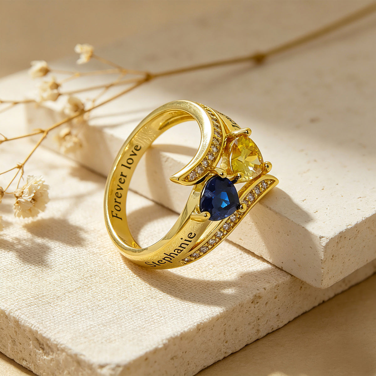Personalized Birthstone Heart Name Ring for Women – 2 Custom CZ Stones Crossover Band Forever Love Jewelry Anniversary Gift for Her