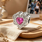 Custom Photo Heart Charm – Pink Heart CZ Filigree Bead