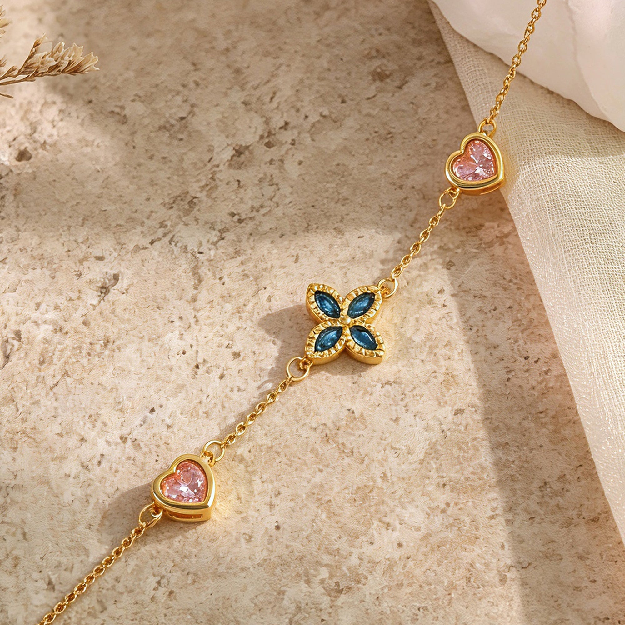 Personalized Four Leaf Clover Heart Birthstone Bracelet for Women – Custom Charm Bracelet Gift for Her