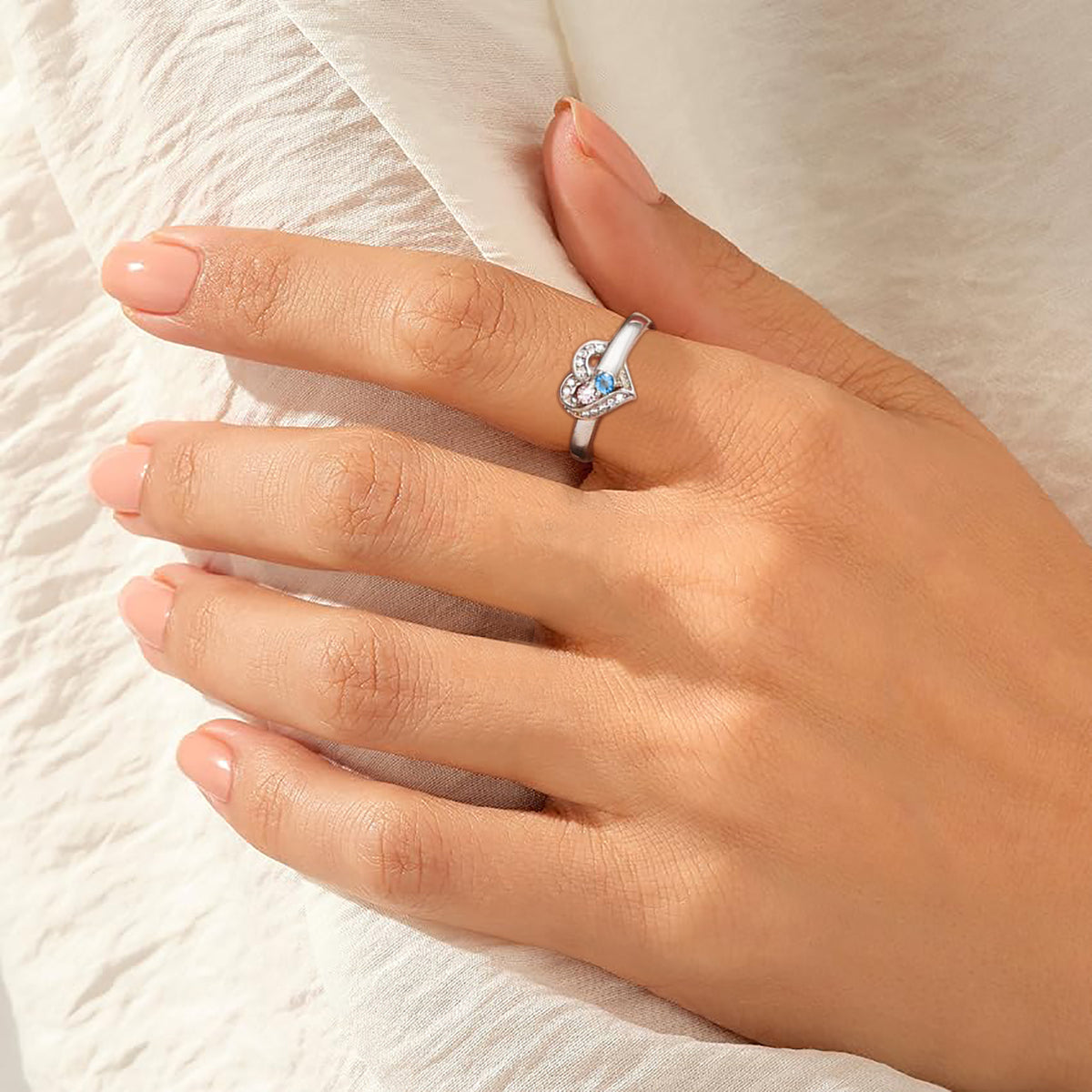 Personalized Birthstone Heart Ring for Women – 2 Custom CZ Stones Pavé Heart Frame Anniversary Gift for Her
