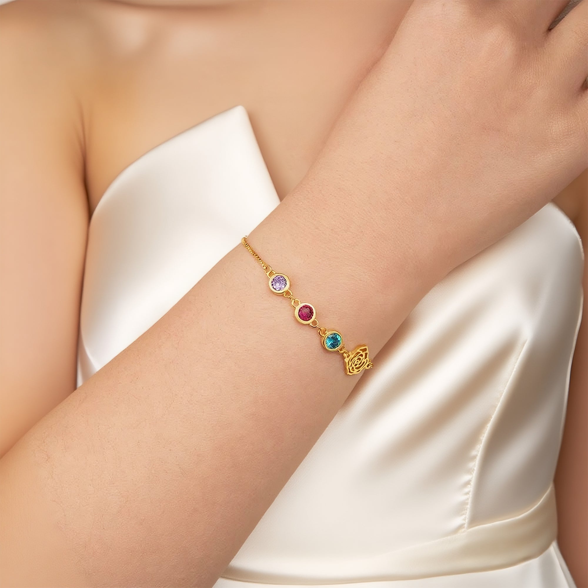 Personalized Birthstone Birth Flower Bracelet for Women – Custom CZ Charm Bracelet Gift for Her