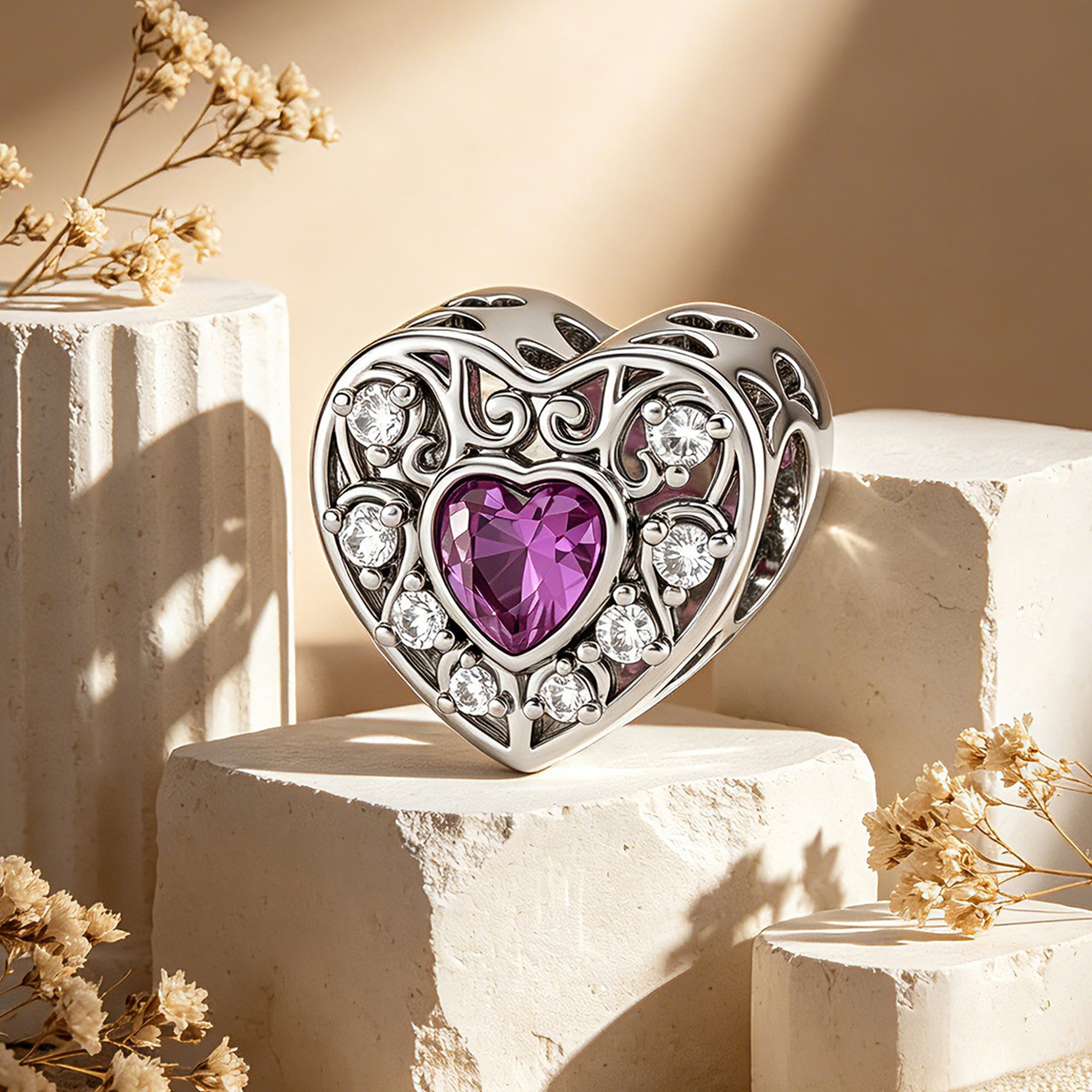 Custom Photo Heart Charm – Purple Heart CZ Openwork Bead