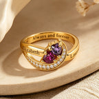 Personalized Birthstone Heart Name Ring for Women – 2 Custom CZ Stones Engraved Anniversary Gift for Her