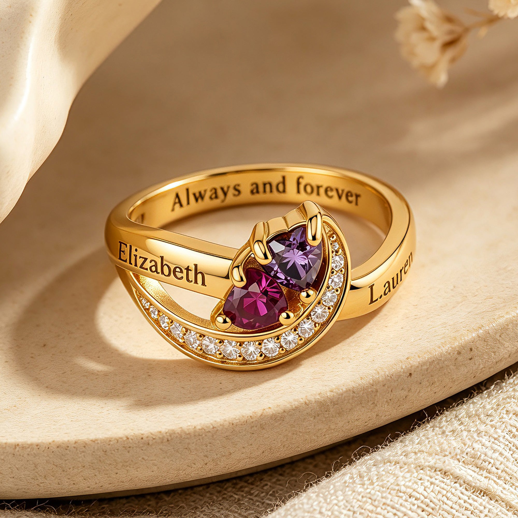 Personalized Birthstone Heart Name Ring for Women – 2 Custom CZ Stones Engraved Anniversary Gift for Her