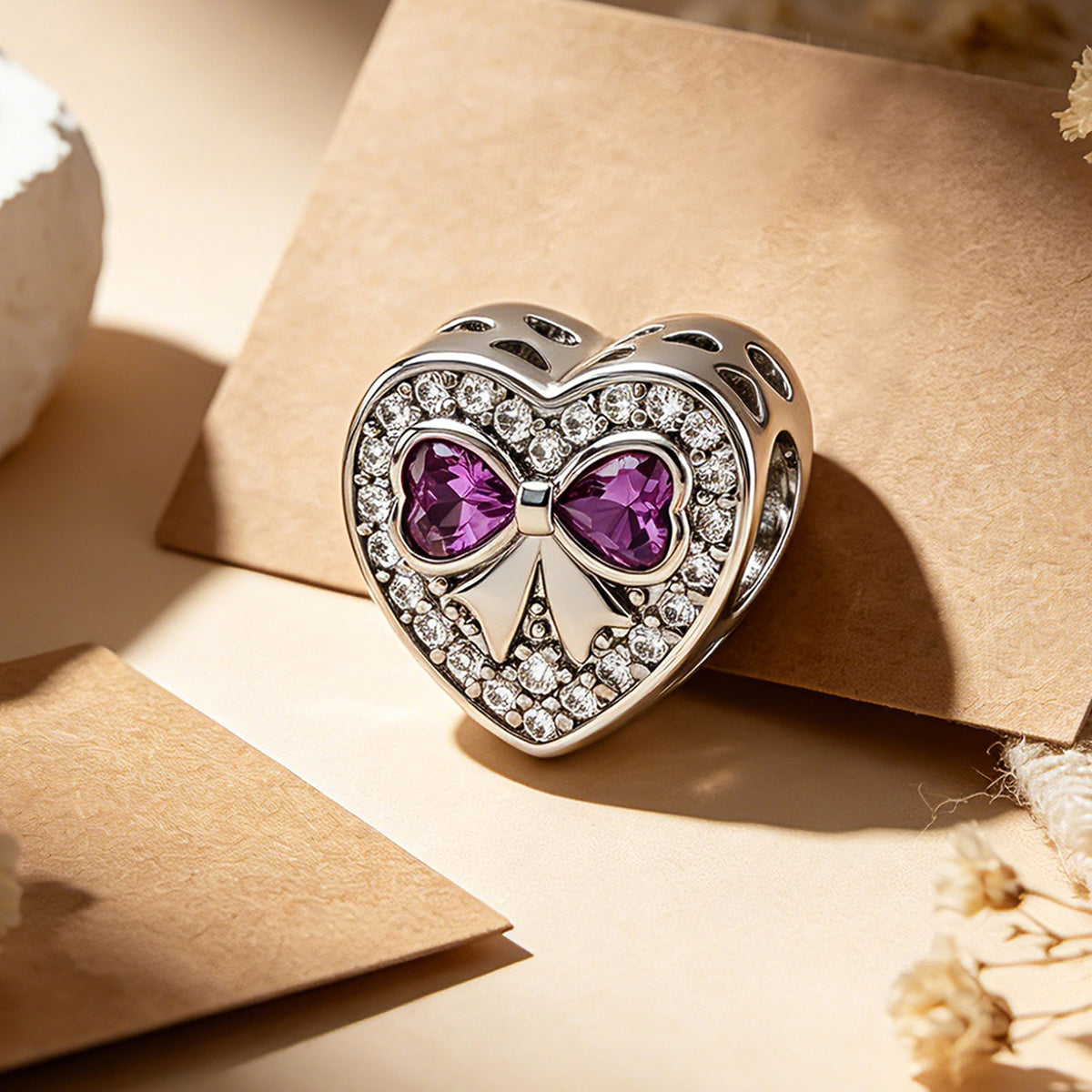 Custom Photo Heart Charm – Purple Bow CZ Pavé Heart Bead