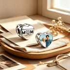 Personalized Photo Heart Charm Bead with MOM Lettering & Heart-Cut CZ – Mother’s Day European Bead Gift for Mom