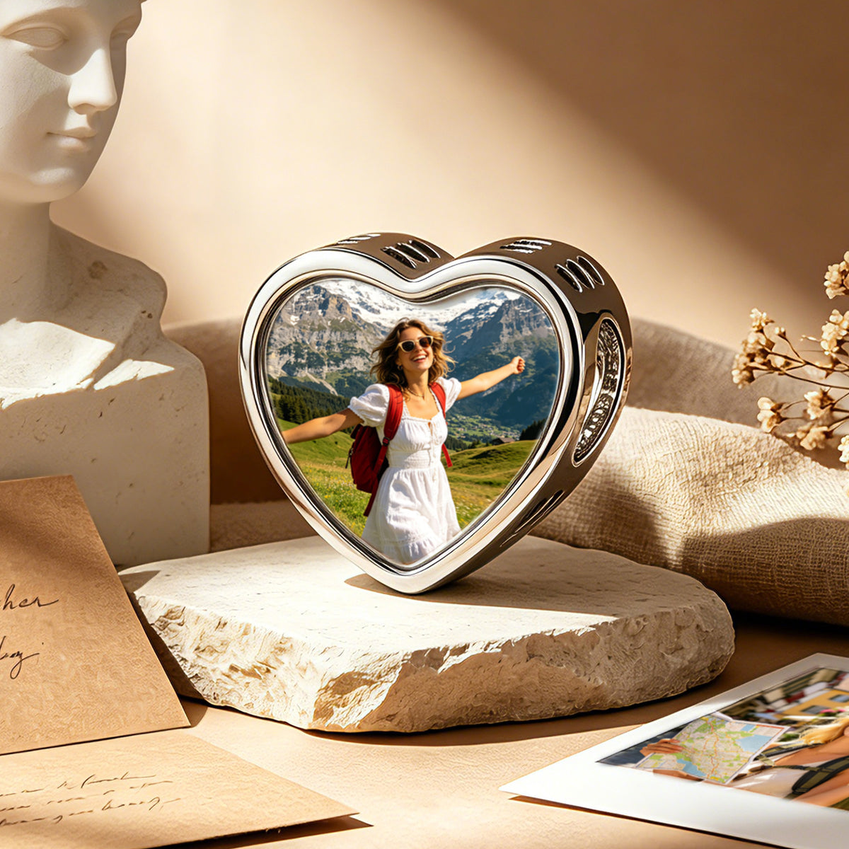 Custom Photo Heart Charm – Purple Teardrop CZ Openwork Bead