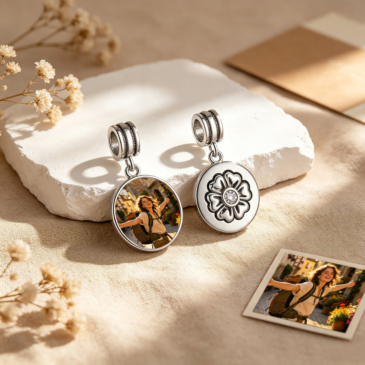 Custom Photo Flower Motif Dangle Charm Bead with CZ Center – Personalized Picture European Bead Gift for Her