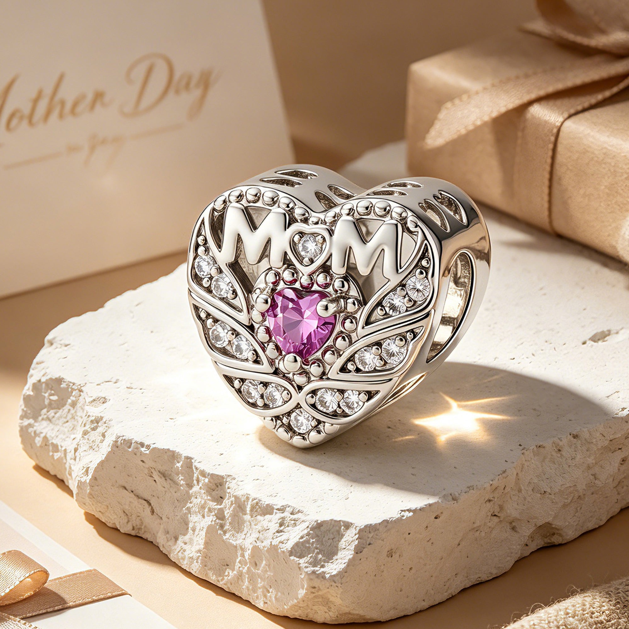 Custom Photo Heart Charm – Mom Heart CZ Filigree Bead