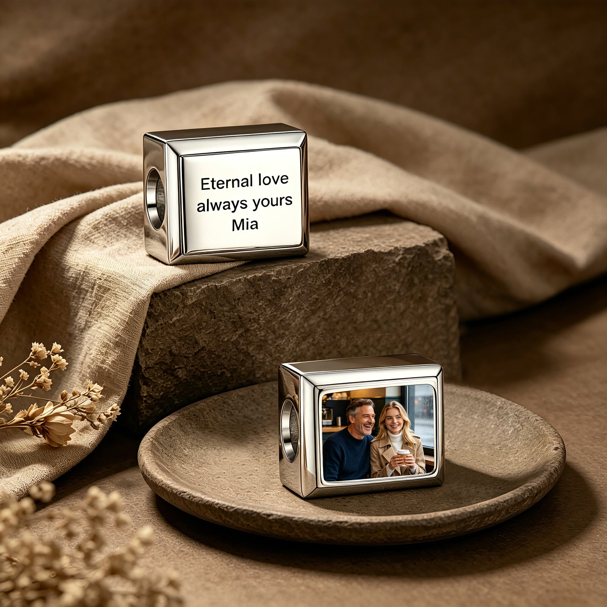Personalized Photo & Text Rectangle Charm Bead – Custom Memory European Bead for Bracelet Gift for Her