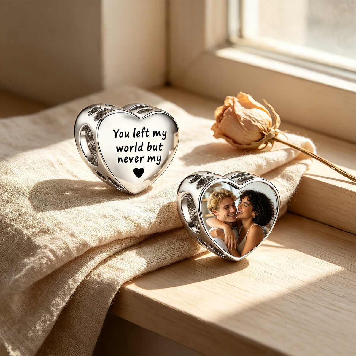 Custom Photo & Engraved Text Heart Charm Bead – Personalized Memory Charm for Bracelet, Gift for Her
