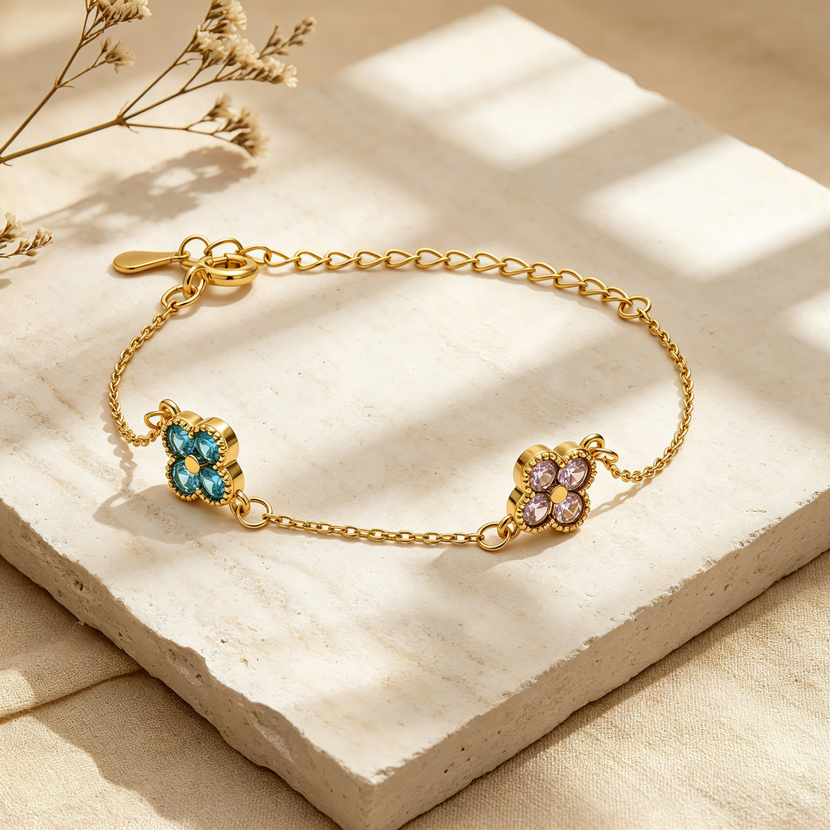 Personalized Four Leaf Clover Birthstone Bracelet for Women – Custom Family Bracelet Gift for Her