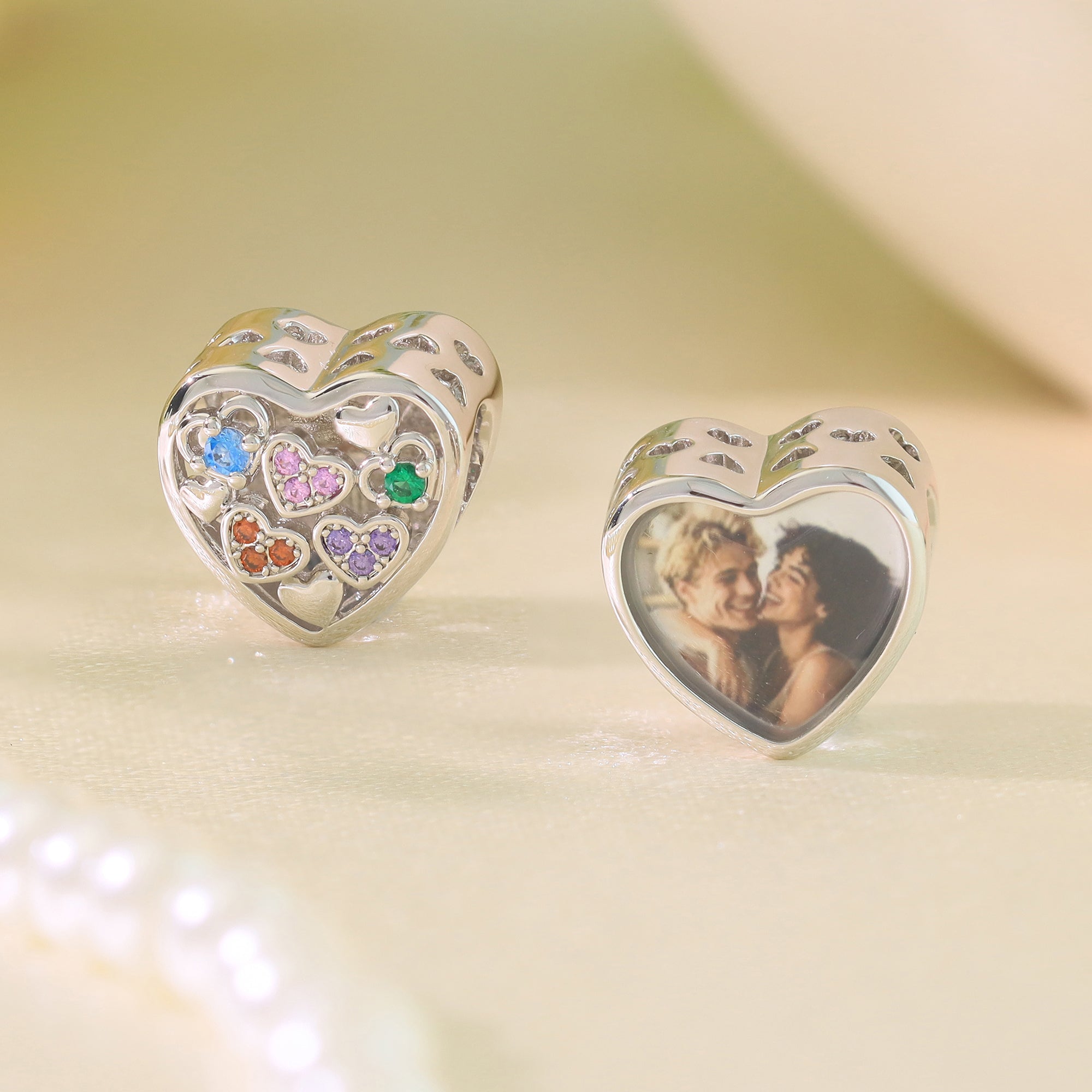 Custom Photo Heart Charm | Sparkling CZ Bead for Pandora Bracelets