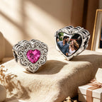 Custom Photo Heart Charm – Pink Heart CZ Filigree Bead