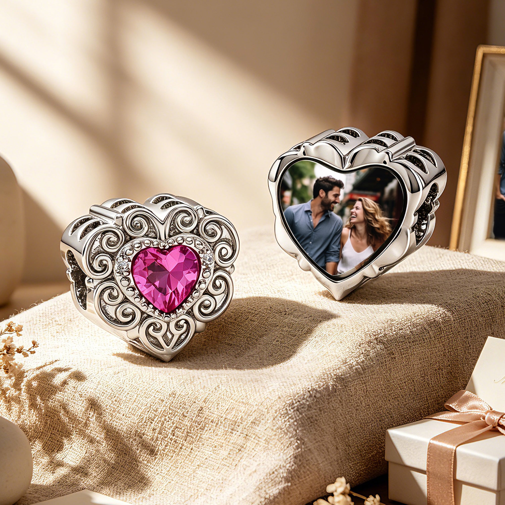 Custom Photo Heart Charm – Pink Heart CZ Filigree Bead