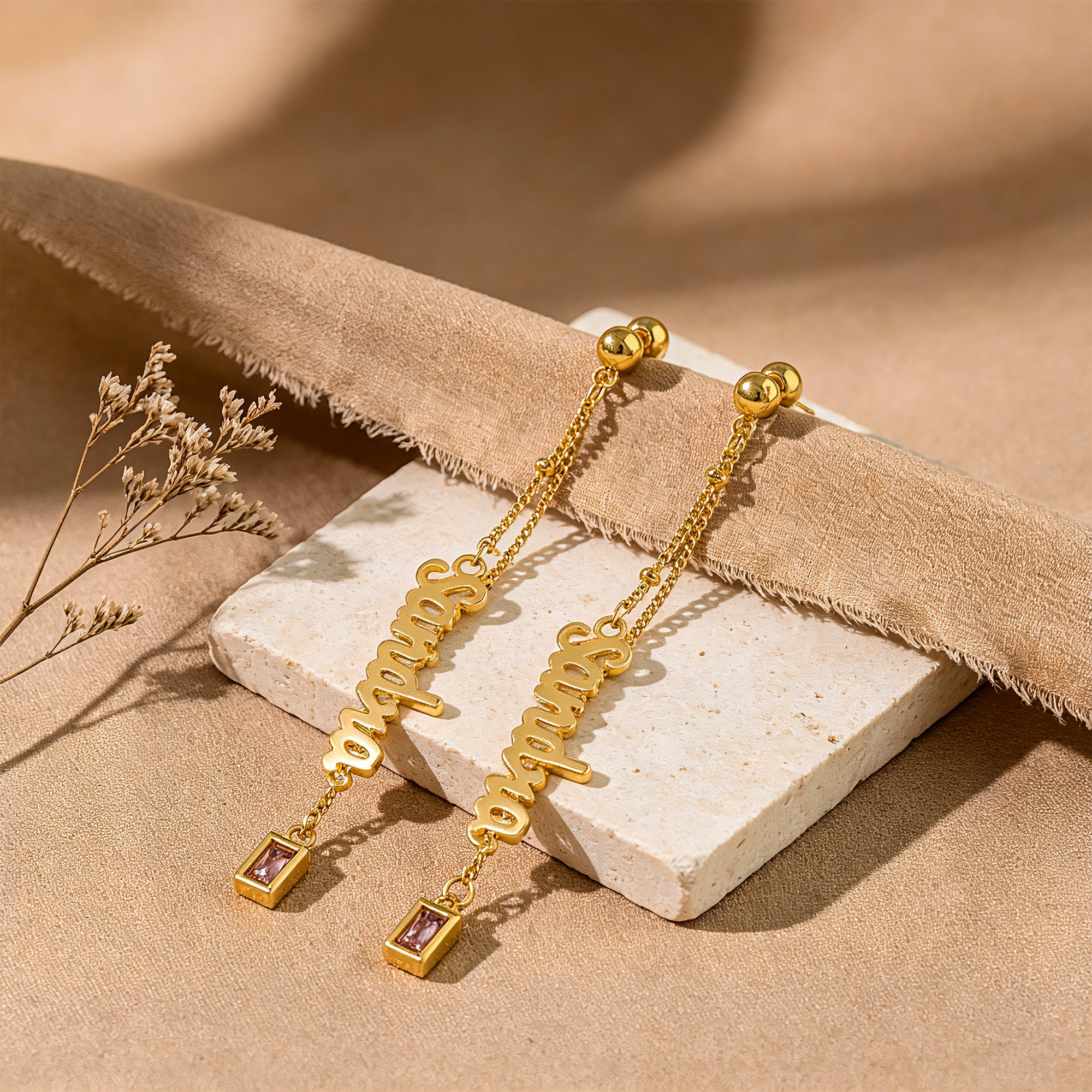 Personalized Name Birthstone Thread Earrings for Women – Custom Script Name Dangle CZ Earrings Gift