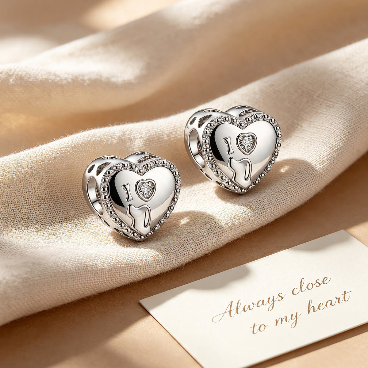 Custom Photo Heart Charm Bead with Dog Silhouette, Bone & Heart-Cut CZ – Pet Memorial European Bead Gift for Her