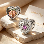 Custom Photo Heart Charm – Mom Heart CZ Filigree Bead