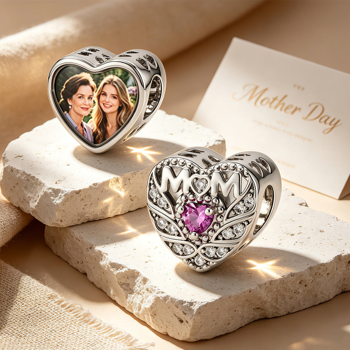 Custom Photo Heart Charm – Mom Heart CZ Filigree Bead