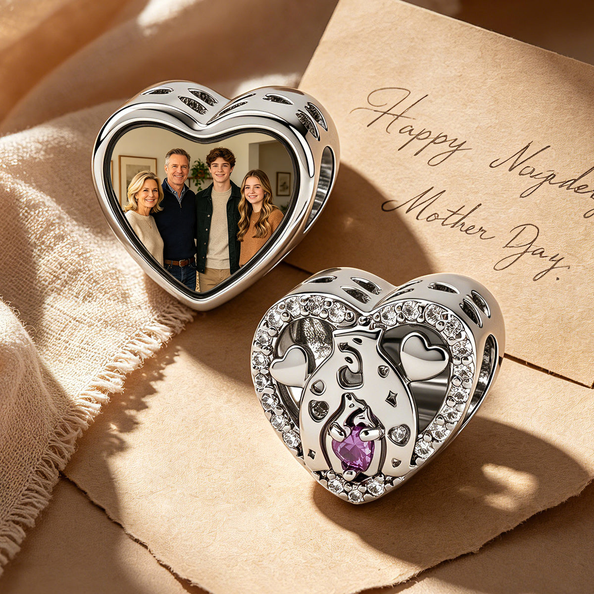 Custom Photo Heart Charm – Bear Hug Purple Heart CZ Bead