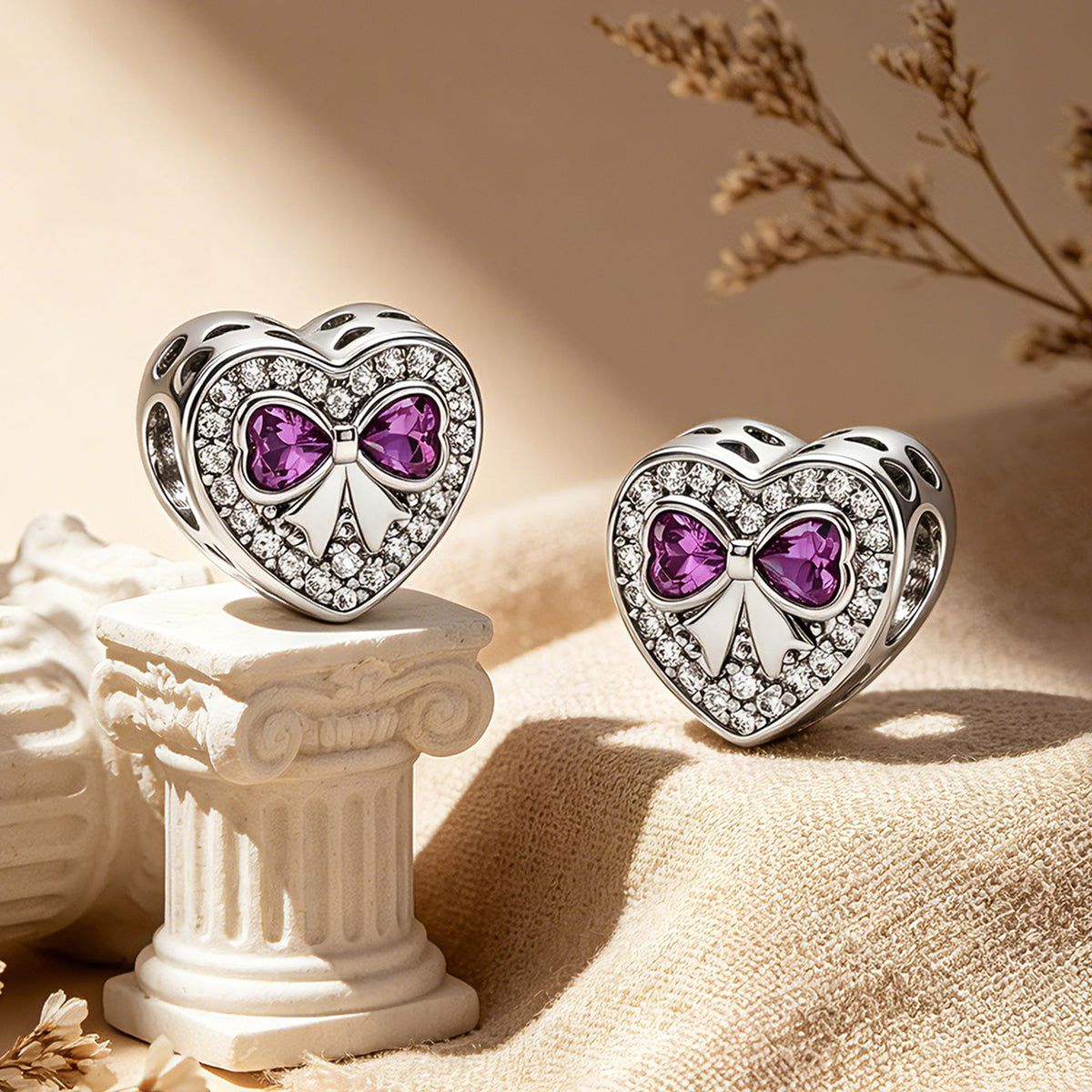 Custom Photo Heart Charm – Purple Bow CZ Pavé Heart Bead