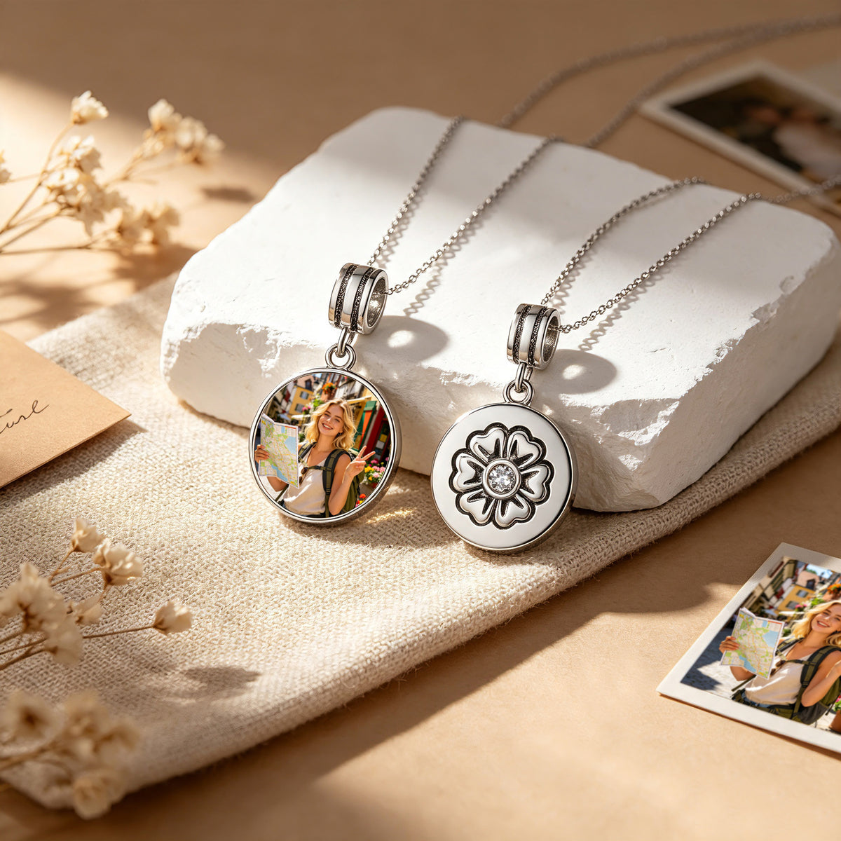 Custom Photo Flower Motif Dangle Charm Bead with CZ Center – Personalized Picture European Bead Gift for Her