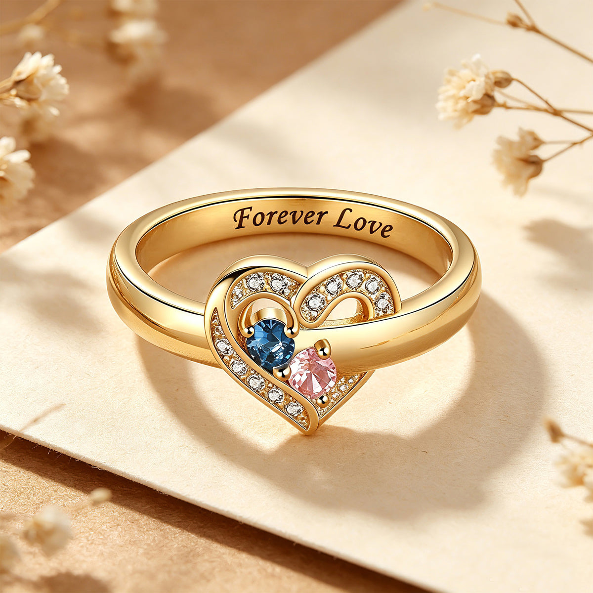 Personalized Birthstone Heart Ring for Women – 2 Custom CZ Stones Pavé Heart Frame Anniversary Gift for Her