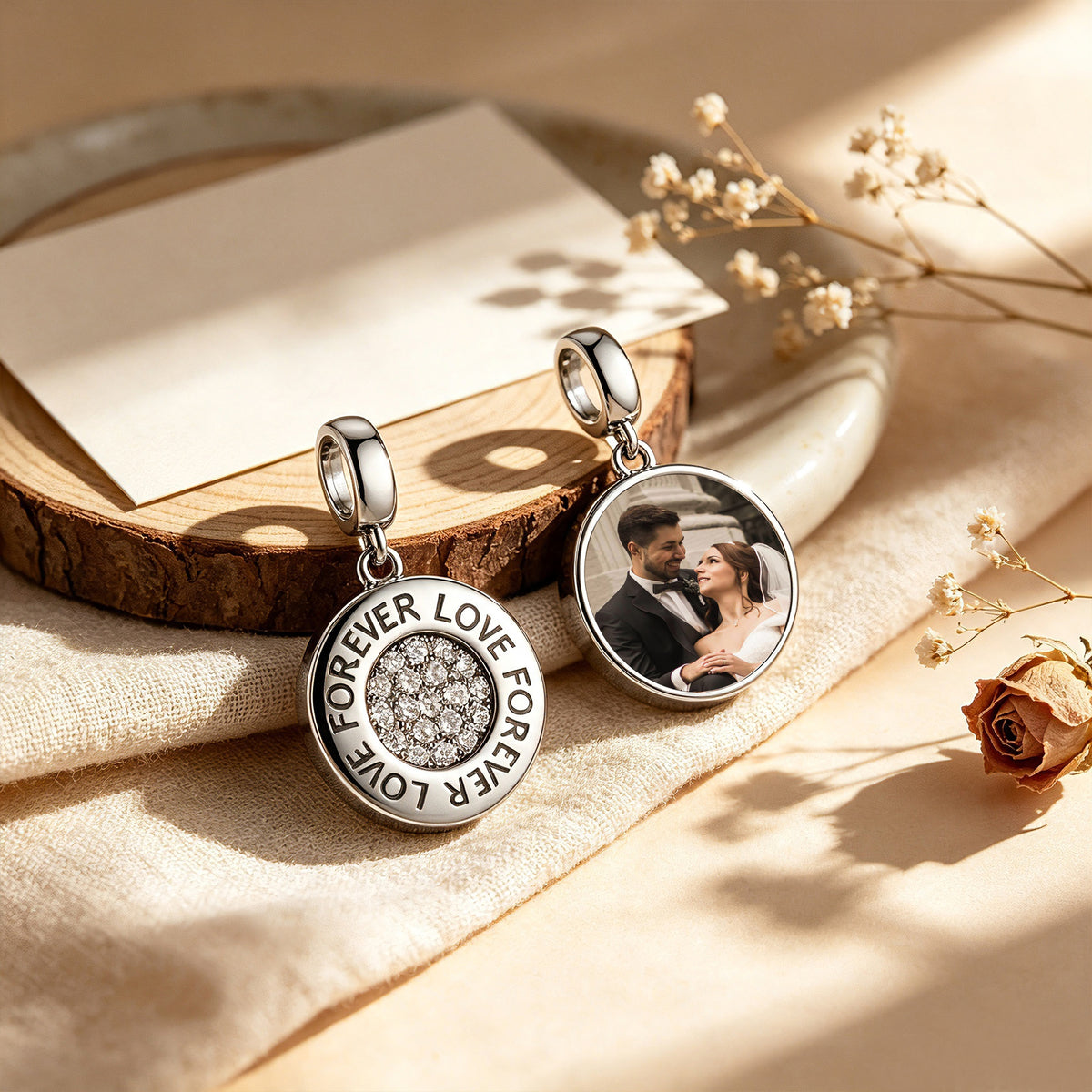 Custom Photo Love Forever Dangle Charm Bead with Pavé CZ – Personalized Picture European Bead Gift for Her
