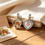 Custom Photo Heart Dangle Charm Bead with CZ Halo & Pink Heart – Personalized Picture European Bead Gift for Her