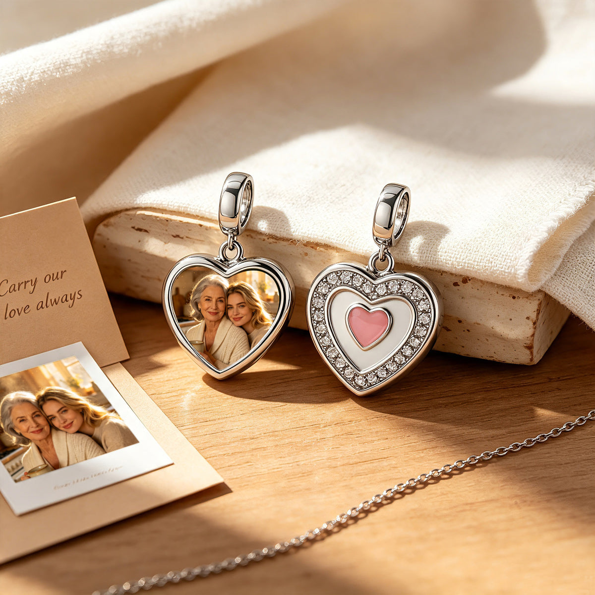 Custom Photo Heart Dangle Charm Bead with CZ Halo & Pink Heart – Personalized Picture European Bead Gift for Her