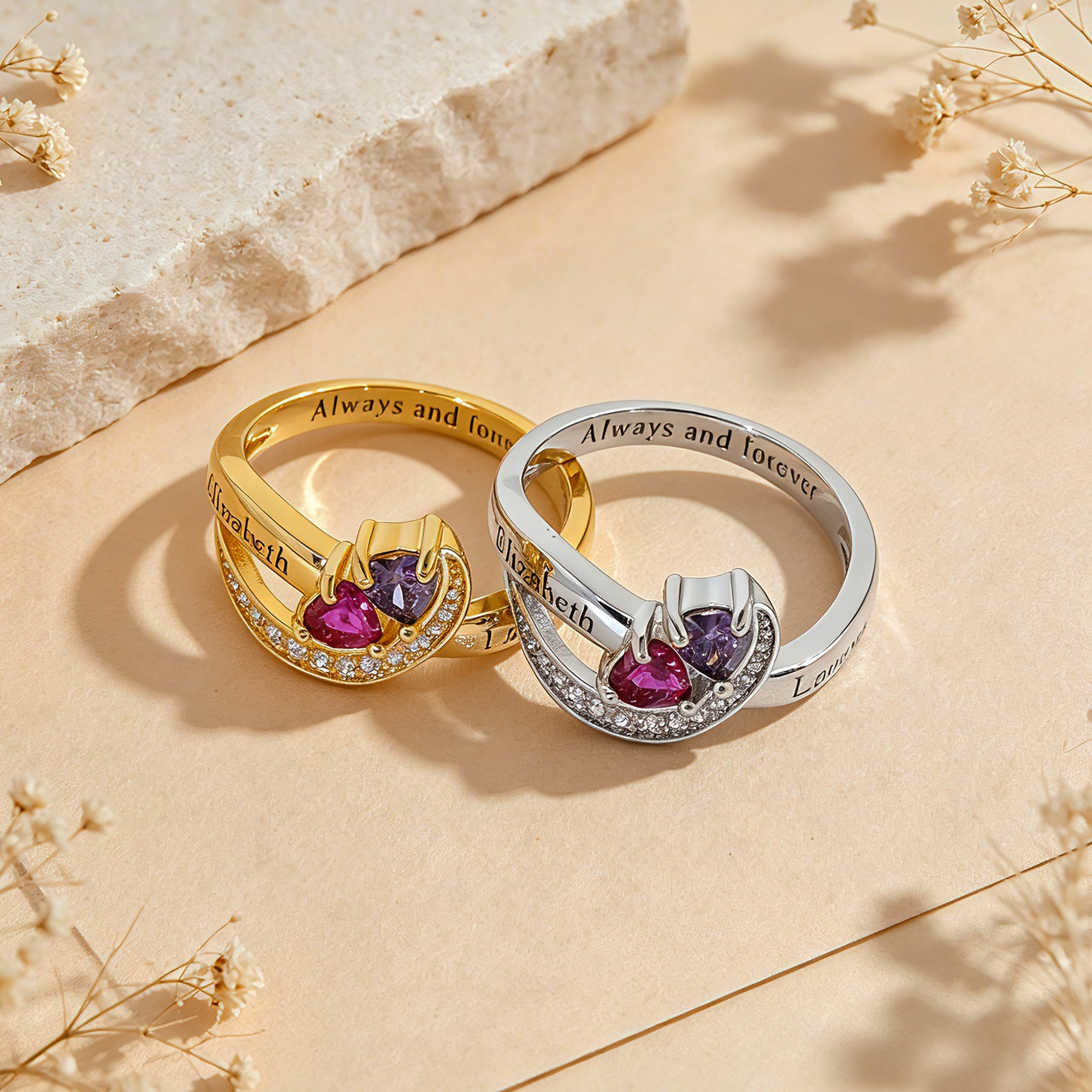 Personalized Birthstone Heart Name Ring for Women – 2 Custom CZ Stones Engraved Anniversary Gift for Her